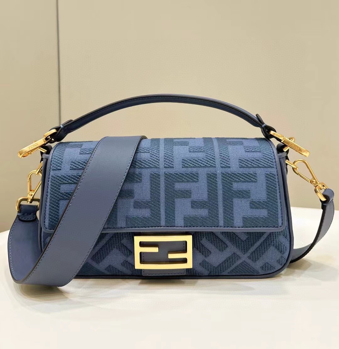 Fendi Medium Baguette FF Canvas Shoulder Bag Blue